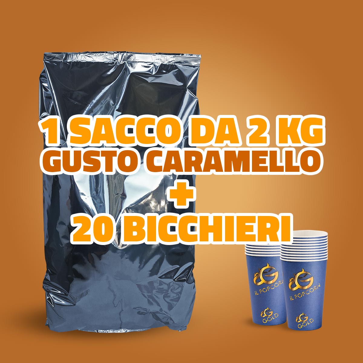 MAXI SACCO DI POPCORN GUSTO CARAMELLO + BICCHIERI CINEMA