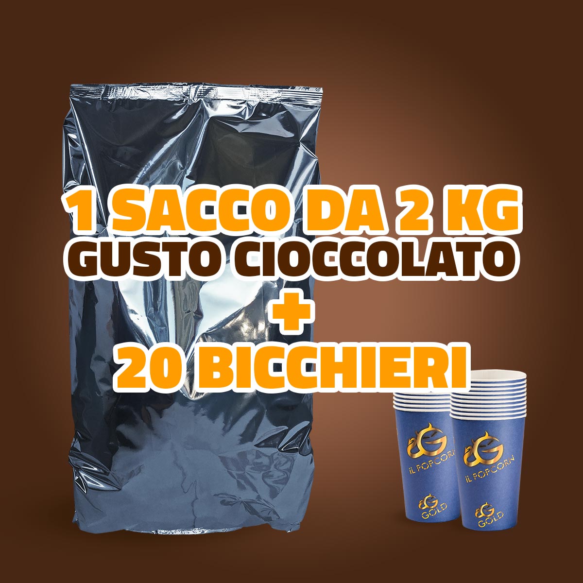 MAXI SACCO DI POPCORN GUSTO CIOCCOLATO + BICCHIERI CINEMA